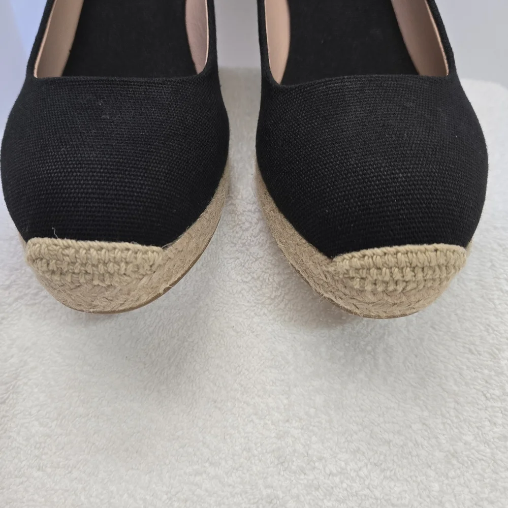 J. Crew Seville Espadrille Wedges Black Round Cap Toe Size 9 Platform Canvas